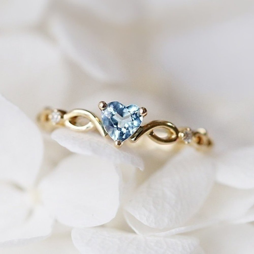 Gold Blue Heart Dainty Anillos Princess Diamond Ring for Women, VIP260